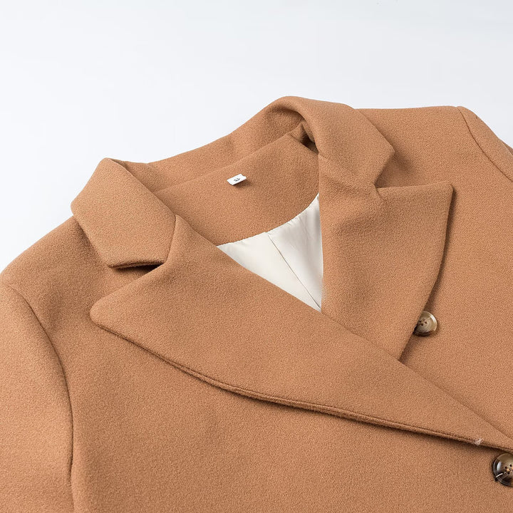 Women's Double-Breasted Long Coat with Wide Lapel Collar and Flap Pockets Amarae