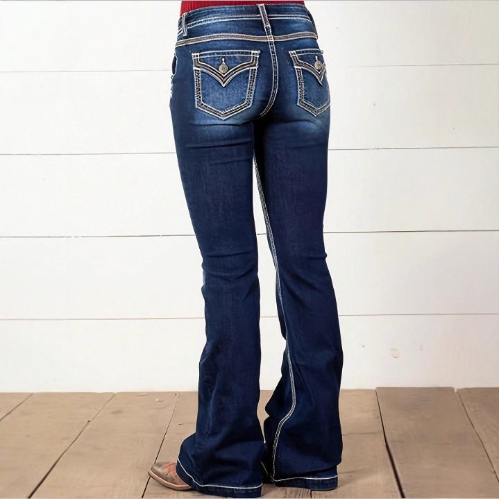 Women's High-Waisted Flared Jeans with Decorative Metal Buttons and Contrast Stitching Amarae