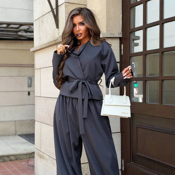 Women's Elegant Two-Piece Set with Wrap Jacket and Wide Pleat Trousers Amarae