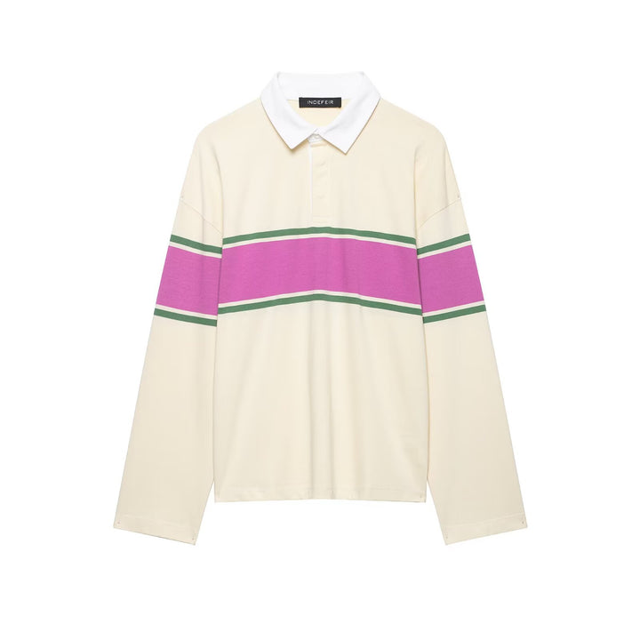Women's Oversize Rugby Polo Shirt with Wide Block Stripes and Kent Collar Amarae