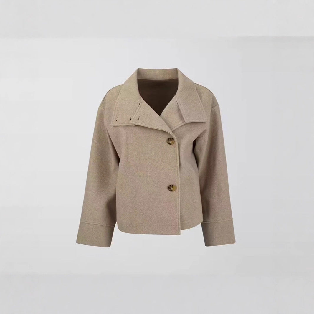 Women's short cut boxy jacket with stand-up collar and asymmetrical button placket Amarae