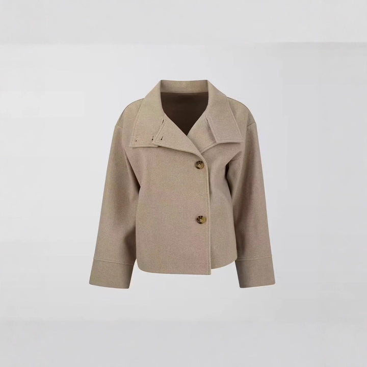 Women's short cut boxy jacket with stand-up collar and asymmetrical button placket Amarae