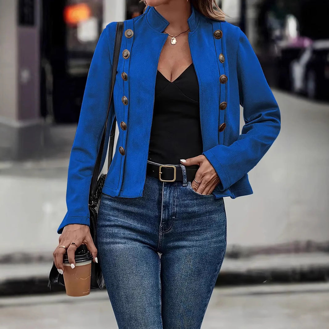 Trendy short women's jacket with classic stand collar and decorative button details Lune London