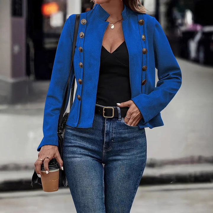 Trendy short women's jacket with classic stand collar and decorative button details Lune London
