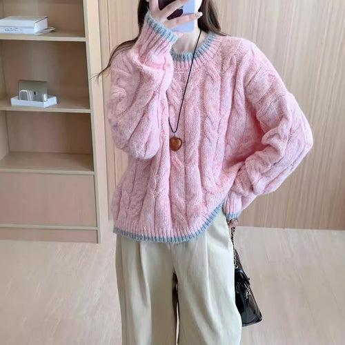 Ladies chunky knit sweater with cable pattern and round neckline Amarae