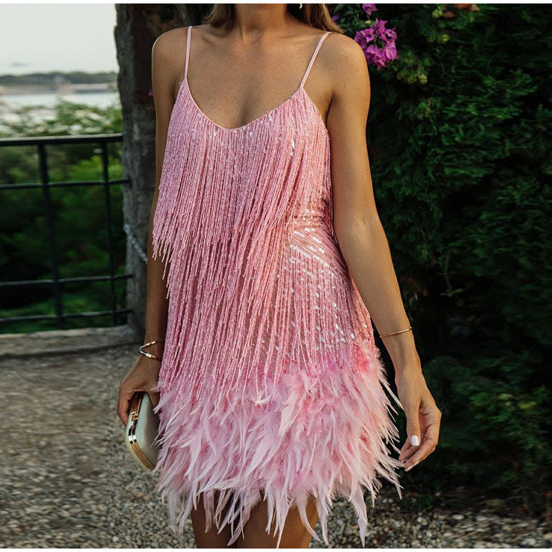 Women's Glittering Mini Dress with Fringe Details and Off-Shoulder Design Lune London