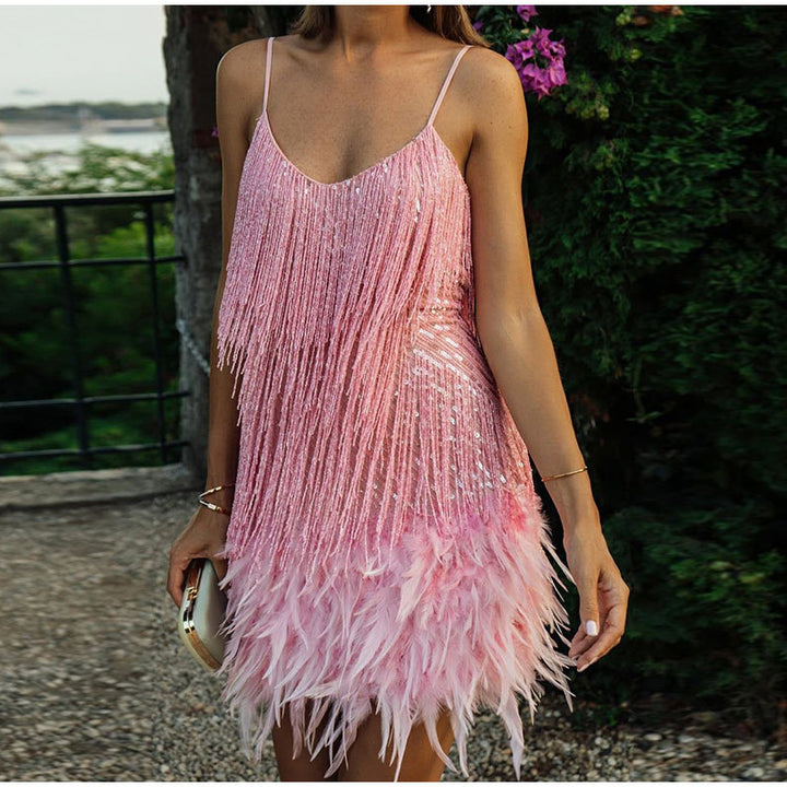 Women's Glittering Mini Dress with Fringe Details and Off-Shoulder Design Lune London