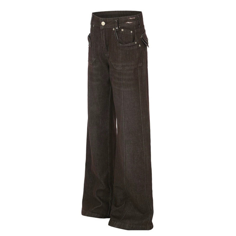 Women's Wide High-Waist Denim Trousers with Straight Leg and Utility Patch Pockets Amarae