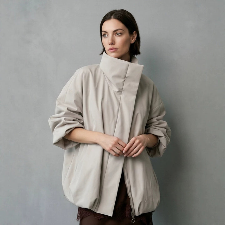 Women's boxy short quilted jacket with high asymmetric stand-up collar Amarae
