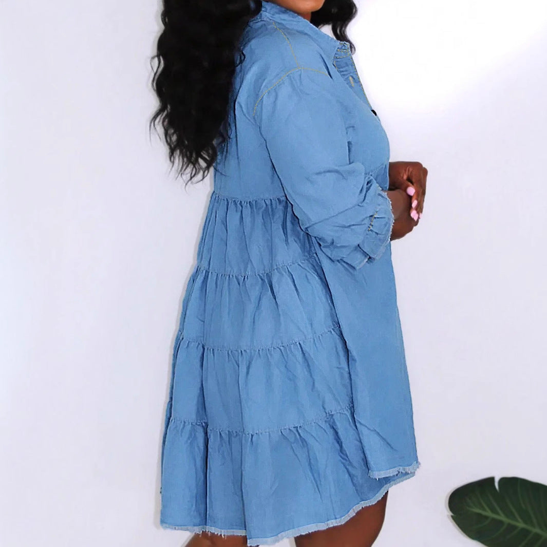 Women Oversize Denim Shirt Dress with Continuous Button Placket and Pockets Amarae