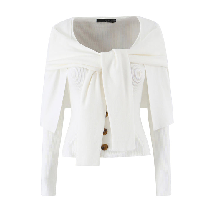Women's shoulder knit cardigan with removable shoulder shawl detail Amarae
