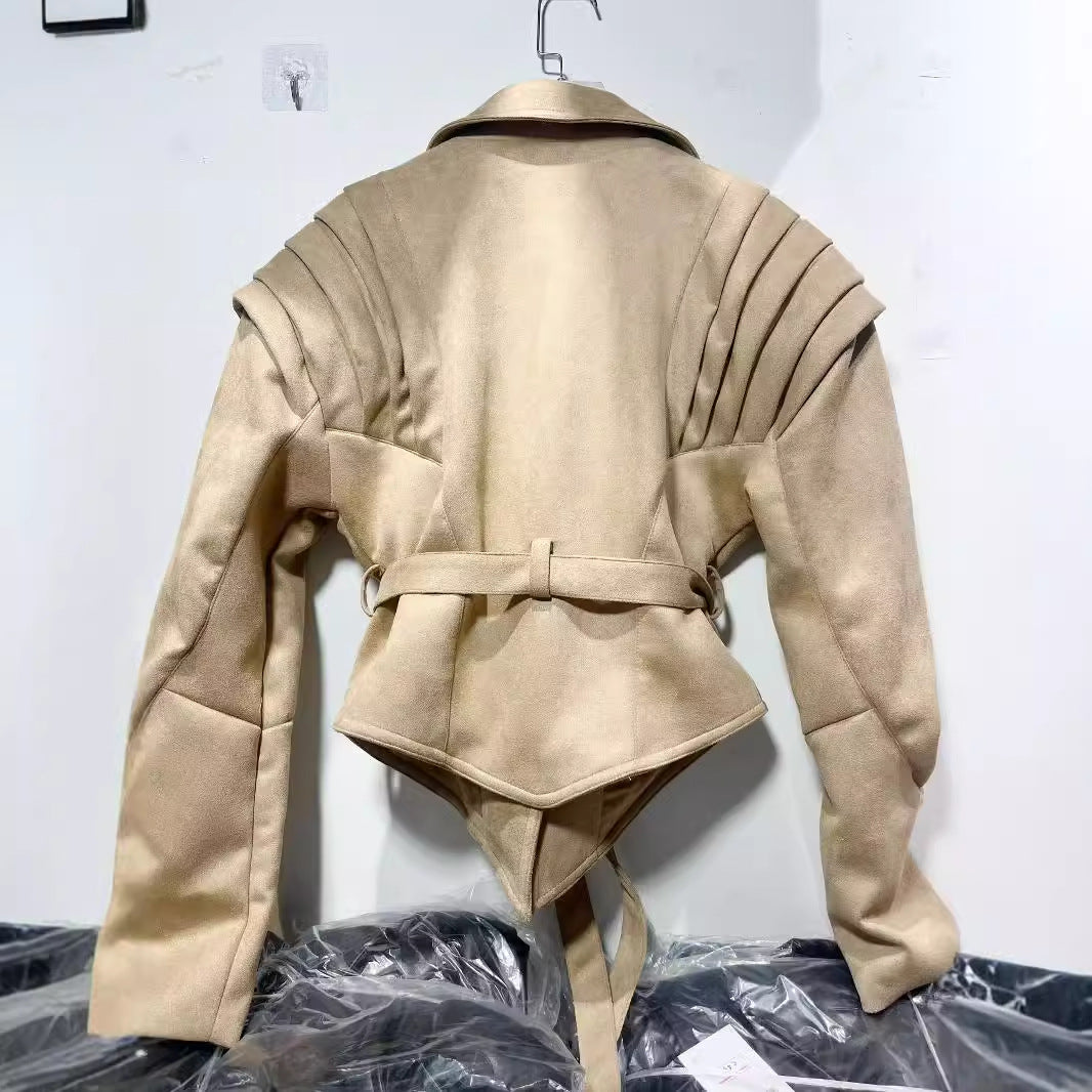Elegant synthetic leather jacket for women with ruffle details and practical pockets Lune London