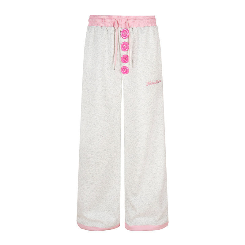 Women Wide Lounge Pants with Decorative Button Placket, High Waist and Drawstring Amarae