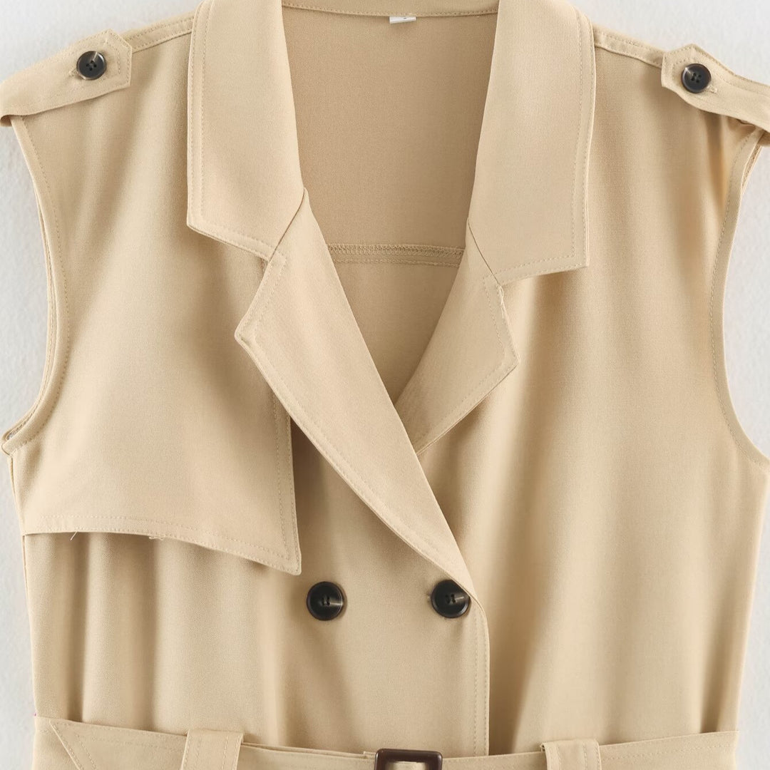Women's Sleeveless Tailored Trench Dress with Tie Belt and Flap Pockets Amarae