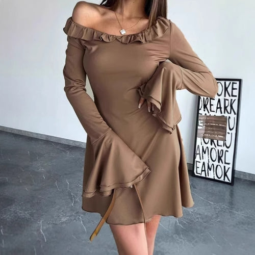 Off-shoulder mini dress for women with ruffle details and long sleeves Amarae