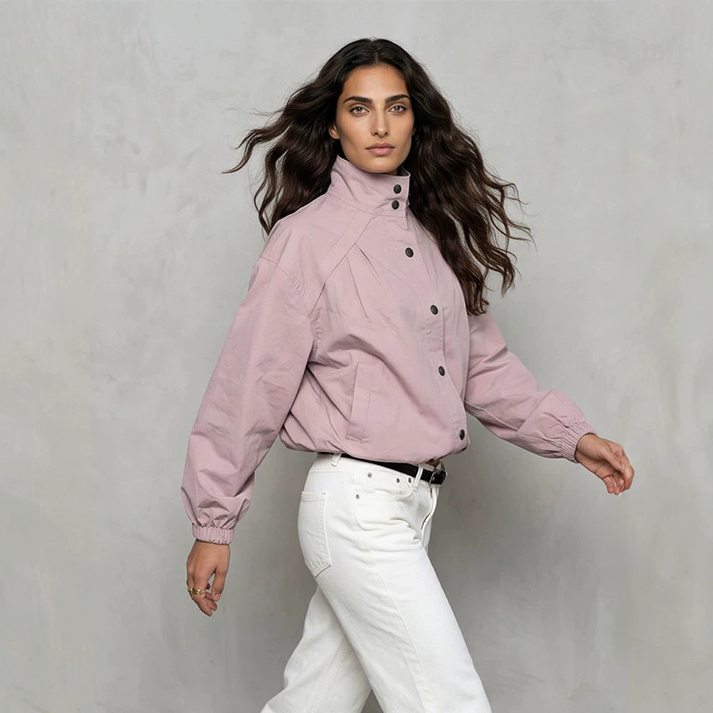 Ladies Short Boxy Bomber Jacket with Stand Collar and Snap Button Closure Amarae