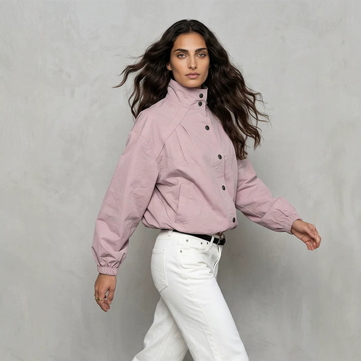 Ladies Short Boxy Bomber Jacket with Stand Collar and Snap Button Closure Amarae