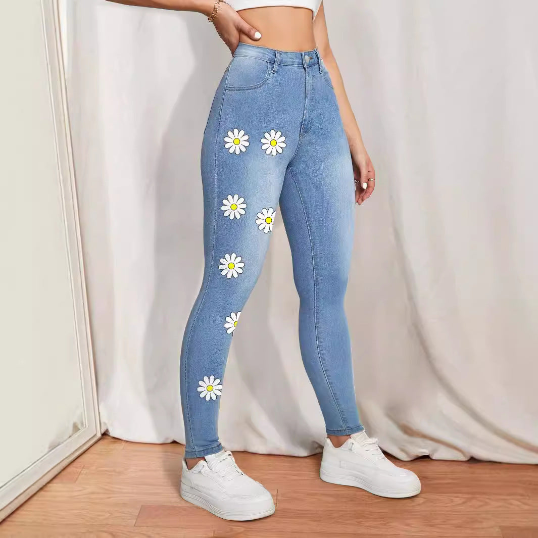 Women's High-Waist Skinny Jeans with printed Daisies and figure-shaping Stretch Amarae