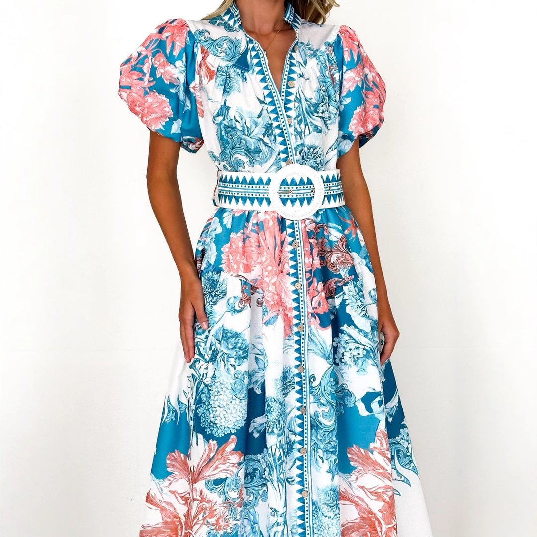 Women's maxi dress with voluminous puff sleeves and delicate floral pattern Lune London