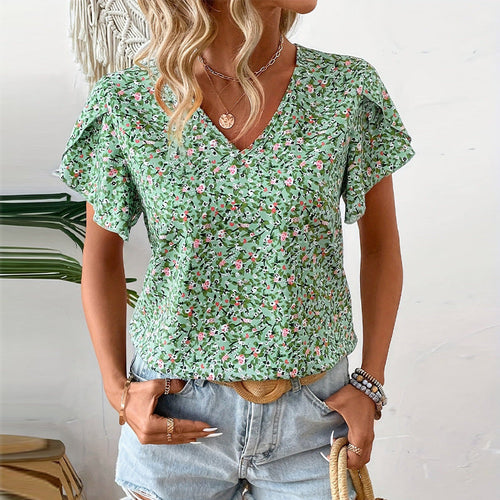 Women's V-Neck Blouse with Floral Pattern and Ruffle Details Amarae