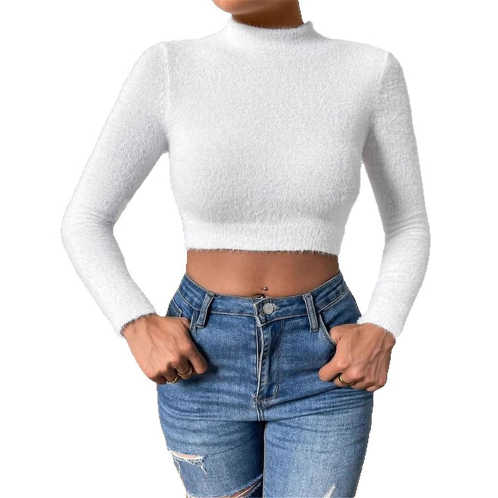 Femmes haut de gamme, courte top en tricot doux avec design col haut Chic & Stil