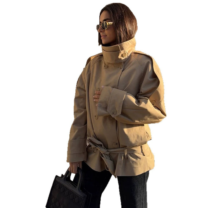 Women Short Trench with High Stand Collar, Double-Breasted Button Placket & Waist Belt Amarae