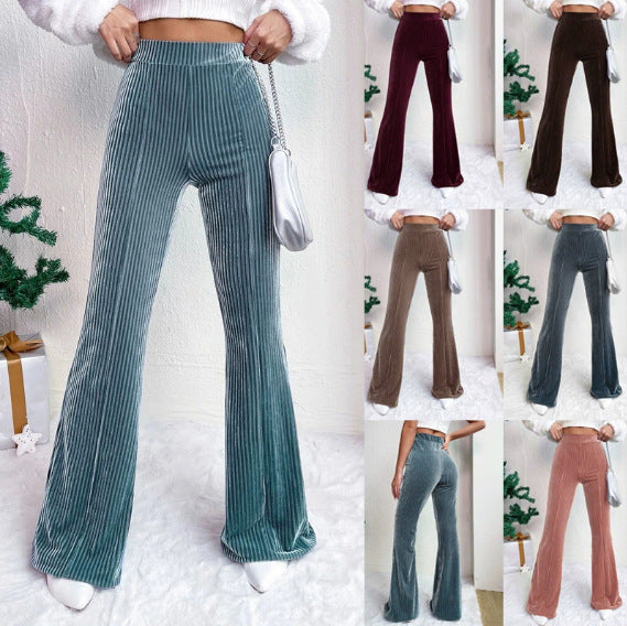Women's High-Waisted Velvet Corduroy Pants with Pleated Look and Wide Leg Amarae