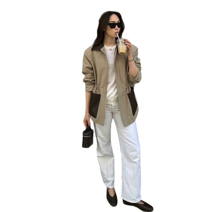 Women Boxy Field Jacket with contrast collar in leather look and appliqued pockets Amarae