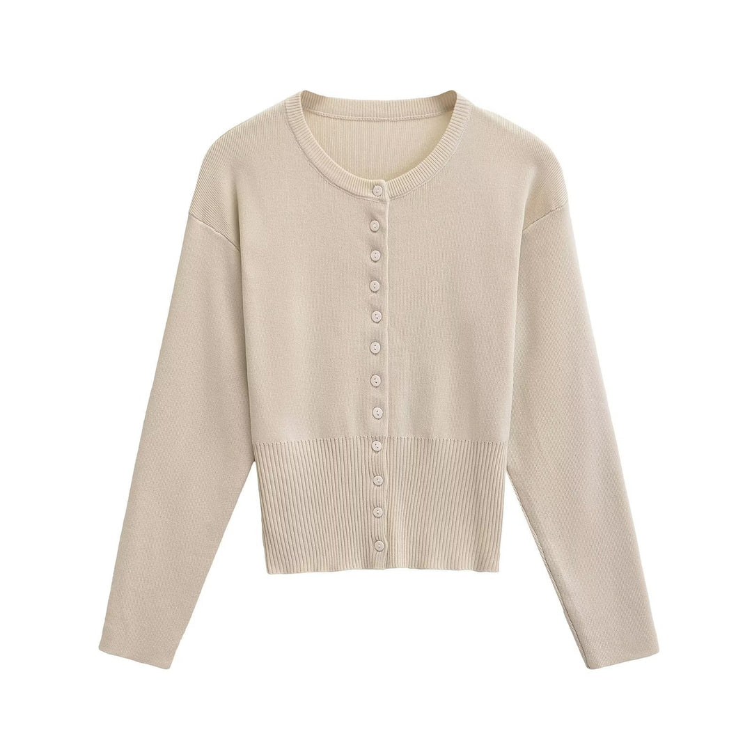 Women's Short Fine Knit Cardigan with Tailored Ribbed Waistband and Continuous Button Placket Amarae