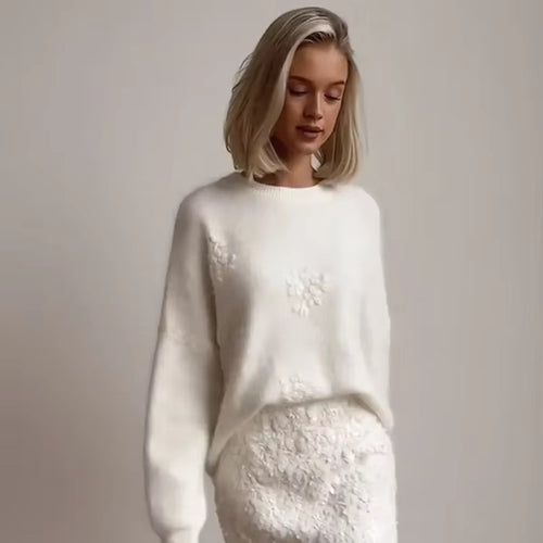 Fashionable women's sweater with structured flower appliqués Amarae