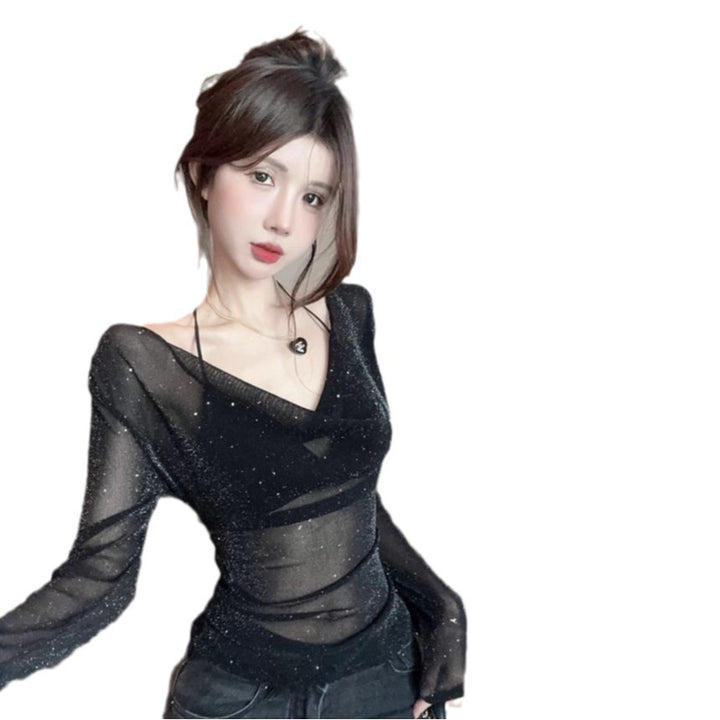Women's sparkling long-sleeve top with deep V-neck and transparent details Lune London