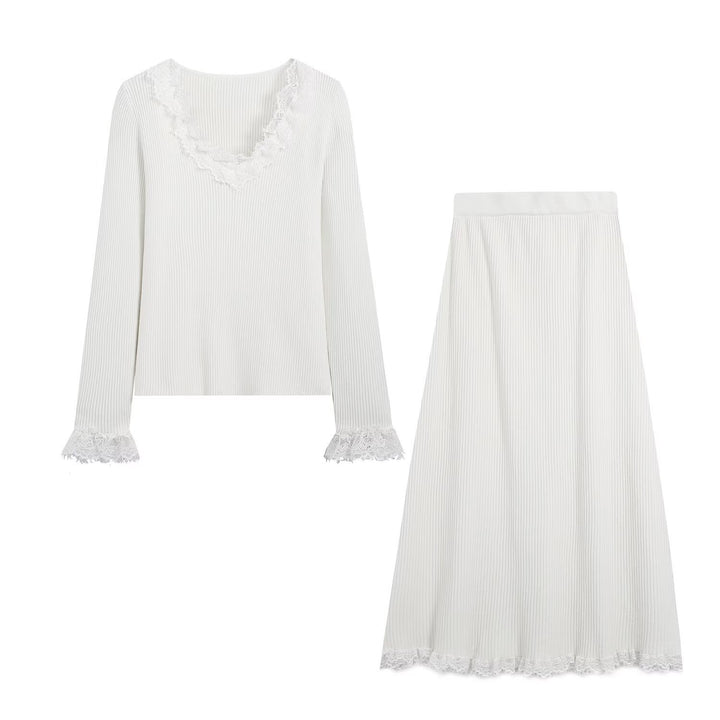 Women Two-Piece Ribbed Knit Set with Lace Trim Amarae