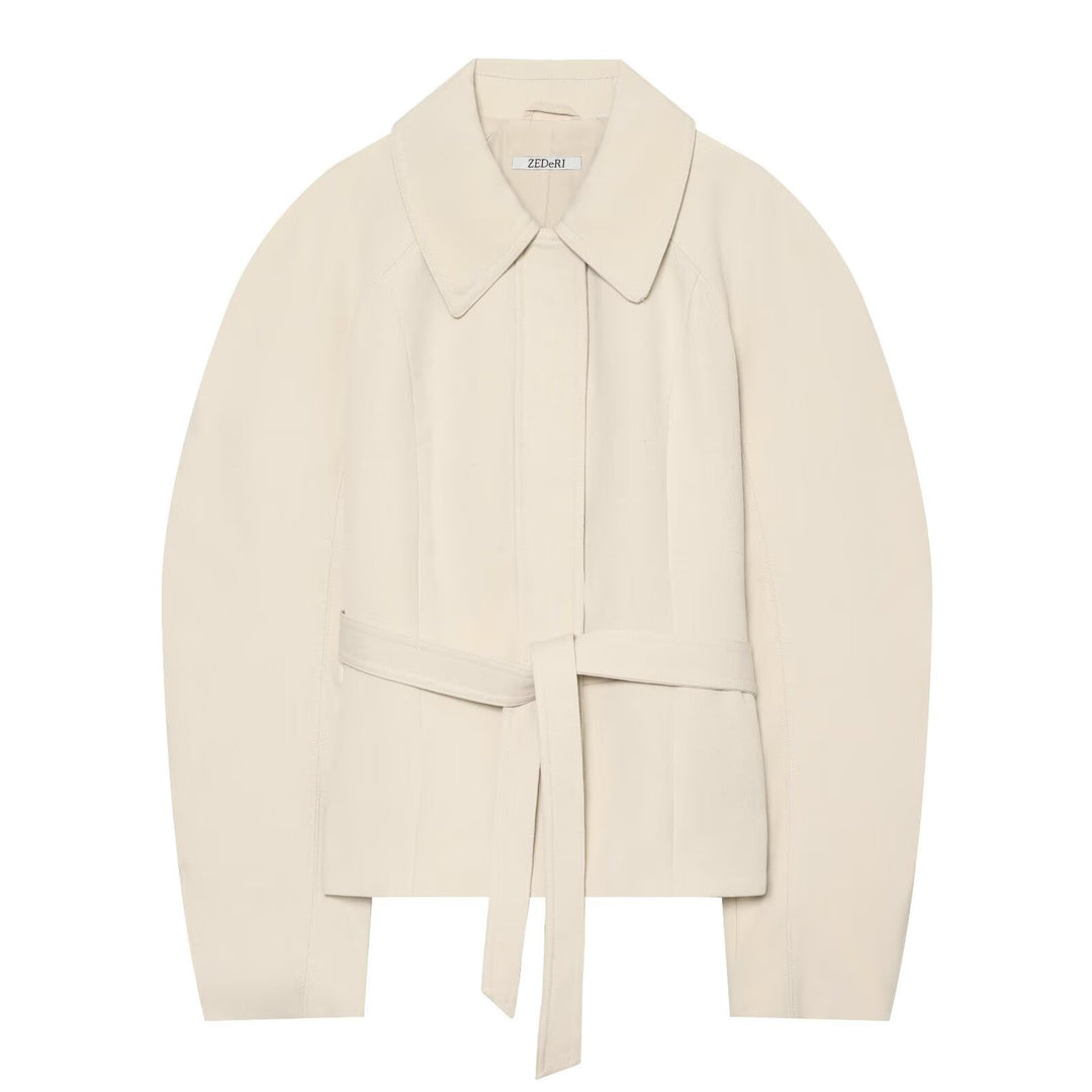 Women's cropped jacket in minimalist trench style with wide shirt collar and tie belt Amarae