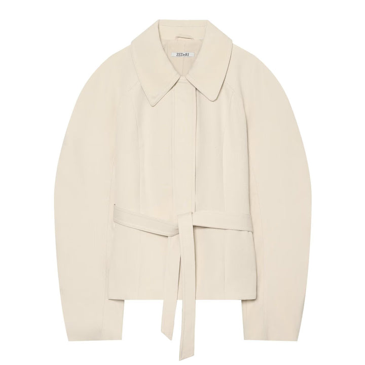 Women's cropped jacket in minimalist trench style with wide shirt collar and tie belt Amarae