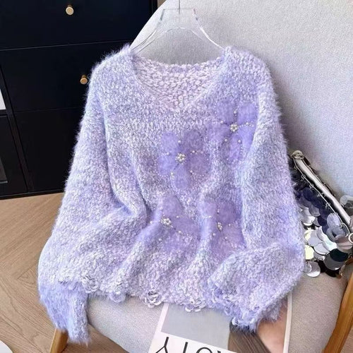 Pull côtelé pour femmes avec appliqués floraux Chic & Stil