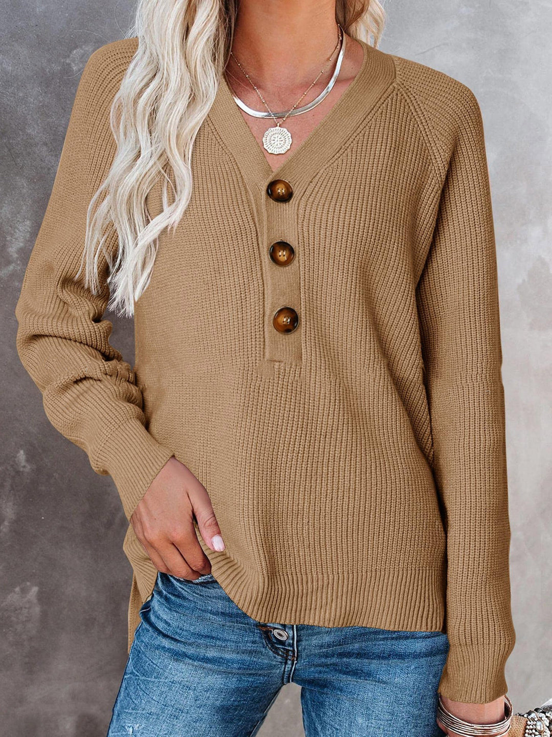 Ladies V-neck sweater with button details Lune London