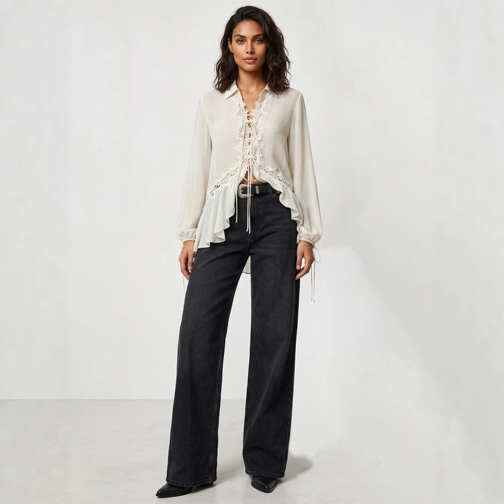 Women Transparent Chiffon Blouse with Lace Trim, Tie Band & Asymmetrical Ruffle Hem Amarae