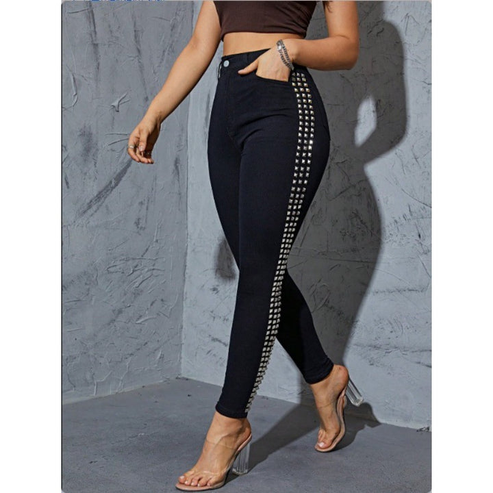 Women High-Waisted Skinny Jeans Leggings with Side Studded Band and Sculpting Effect Amarae