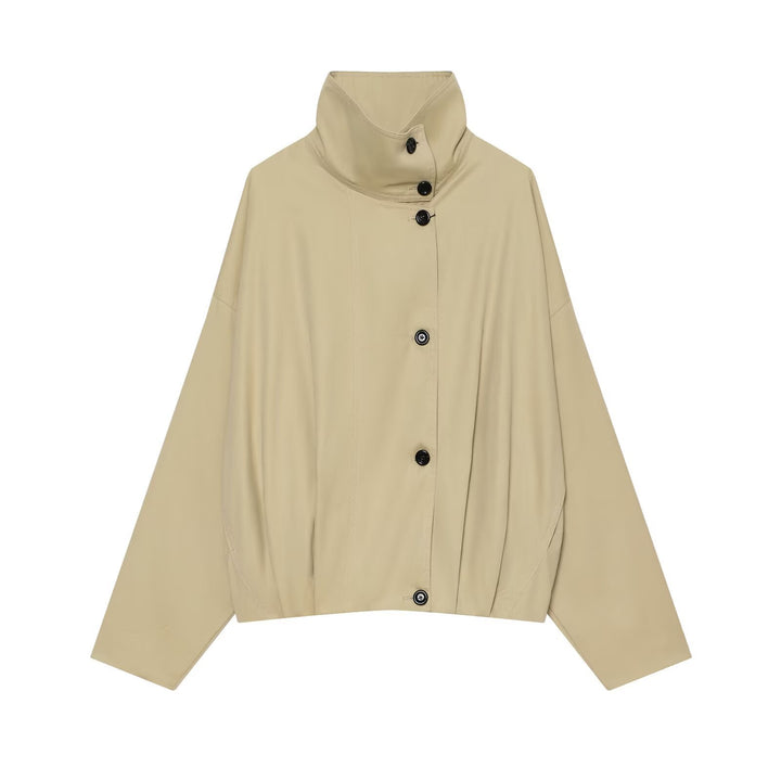 Women Short Cape Jacket with High Funnel Collar, Boxy Silhouette and Dropped Shoulders Amarae