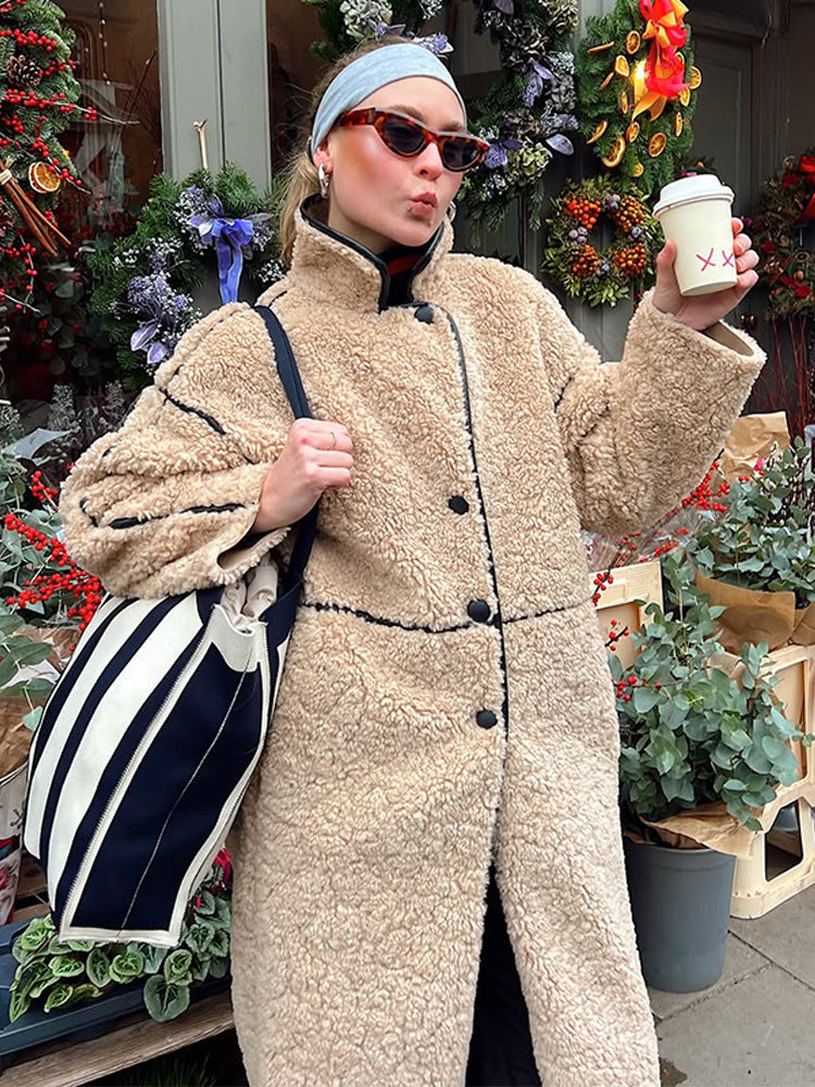 Women's Long Teddy Coat with Contrast Seams, Stand Collar and Button Placket Amarae