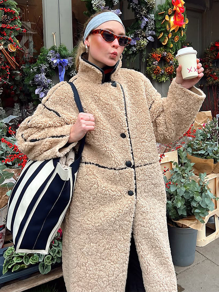 Women's Long Teddy Coat with Contrast Seams, Stand Collar and Button Placket Amarae