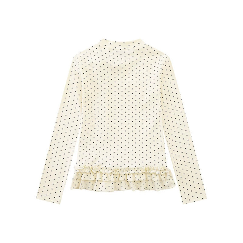 Women's long sleeve top with bow collar, polka dot print and double ruffle hem