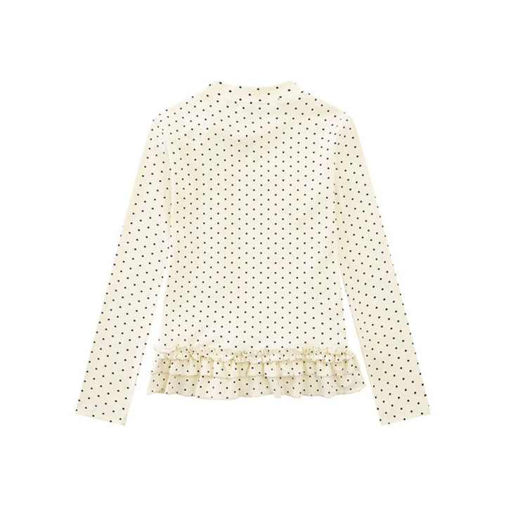 Women's long sleeve top with bow collar, polka dot print and double ruffle hem