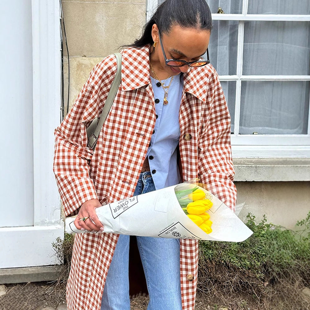 Women's Checked Midi Length Trench Coat with Turned-Up Cuffs Amarae