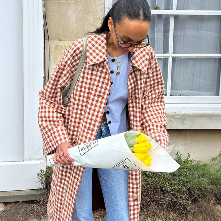 Women's Checked Midi Length Trench Coat with Turned-Up Cuffs Amarae