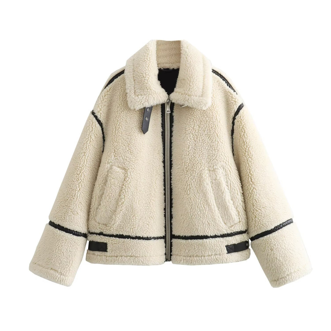 Ladies Oversize Teddy Jacket in Aviator Look with Contrast Seams and Webbing Details Amarae