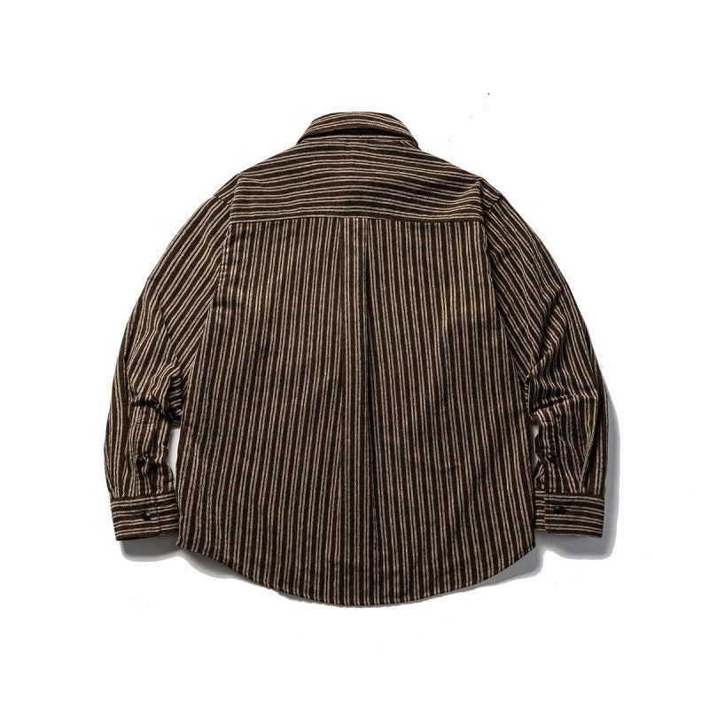 Men's Oversize Cord Shirt with Vertical Stripes, Chest Pocket and Rounded Hem Amarae