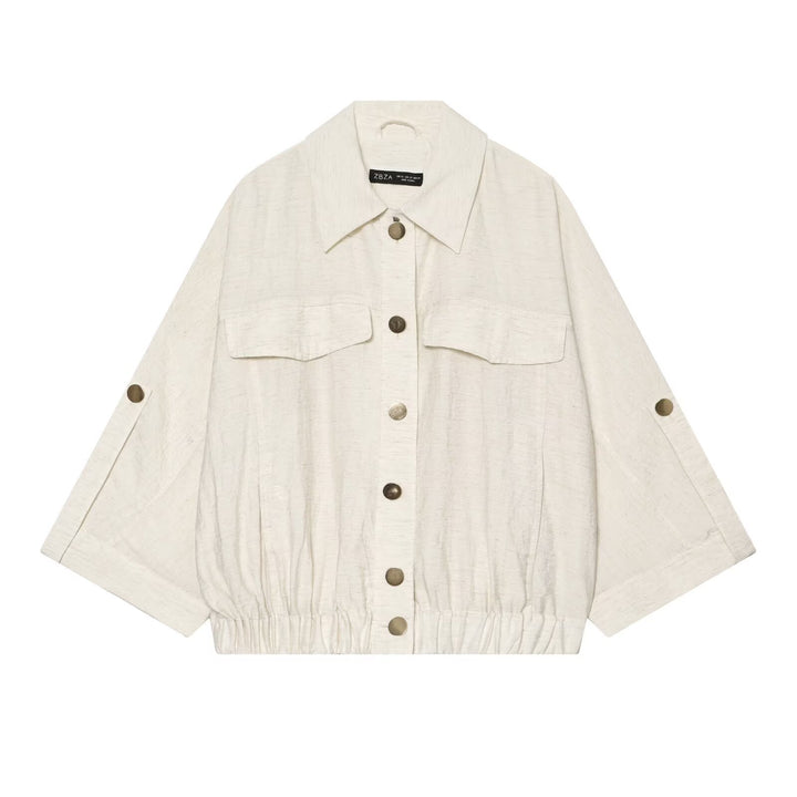 Women Loose-Fit Lightweight Shirt Jacket with Three-Quarter Sleeves, Chest Pockets and Elastic Hem Amarae