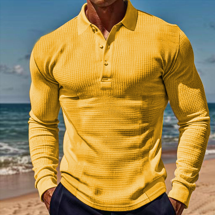 Elegant long sleeve polo for men with button placket and structured design Lune London