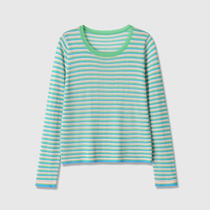 Women Striped Fine Knit Long Sleeve Shirt with Round Neckline and Figure Flattering Silhouette Amarae